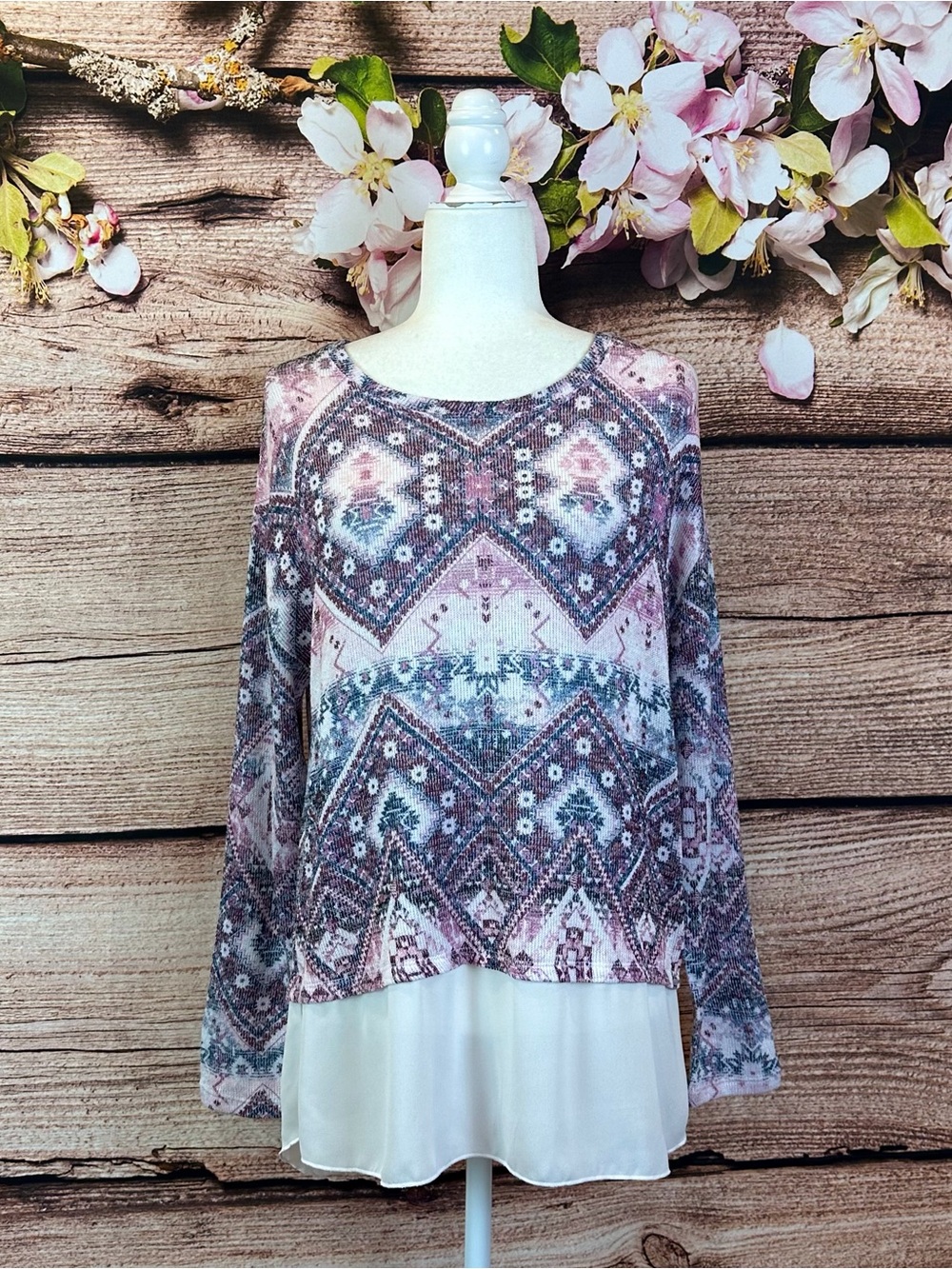 Kiara Women’s Rayon Multicolored Blush Abstract Print Knit Lace Sweater Tunic